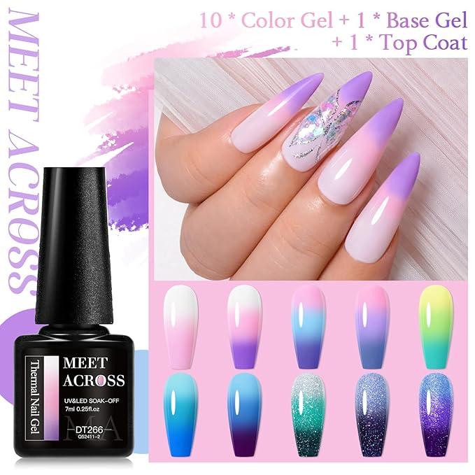 MEET ACROSS 12PCS Color Changing Gel Nail Polish Kit, Temperature Changing Gel Polish Set, Fall Winter Colors Trendy Natural Nail Art Manicure Gel Polish For Salon And Home DIY