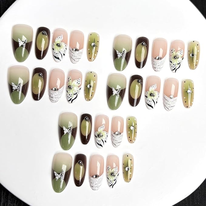 St. Patrick’s Day 30Pcs Handmade Press on Nails Almond Fake Nails Fluorescent Green False Nails with 3D Gradient Flower Butterfly Rhinestone Glossy on Nail Full Cover Press Ons Nail for Women Manicure