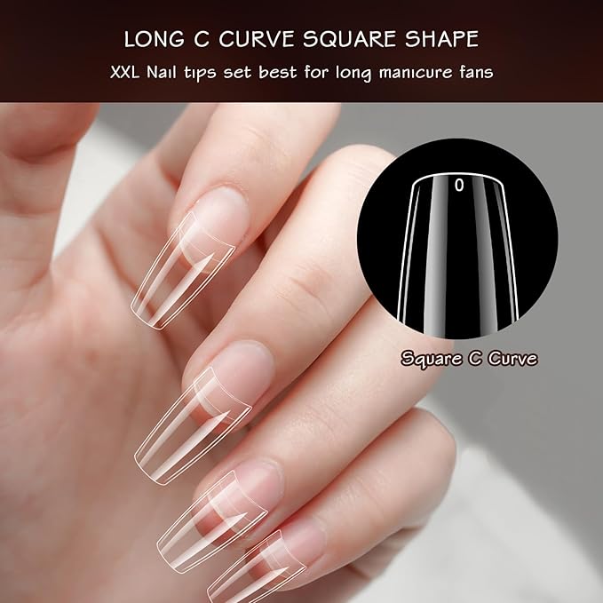 ELLEWIN 480PCS Natural Clear and White Nail Tips, Natural C Curve Half Cover for Acrylic Nails Kit, 10 Sizes Soft Square Fake Nails Gel Nail Extension for Salons and Home DIY Gifts