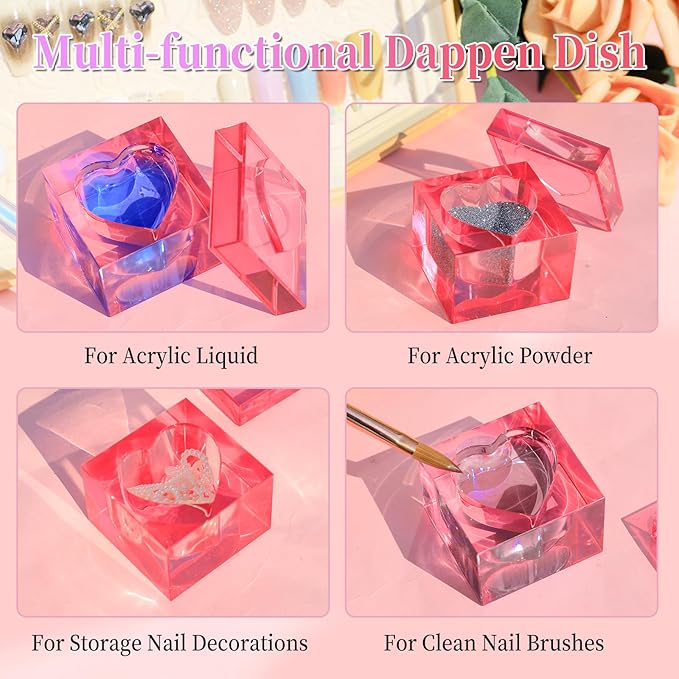 Nail Dappen Dish with Lid, Square Crystal Monomer Dish for Acrylic Nails, Monomer Holder Container for Holding Acrylic Liquid & Powder, Glass Crystal Cup for Acetone Nail Decor (Pink)