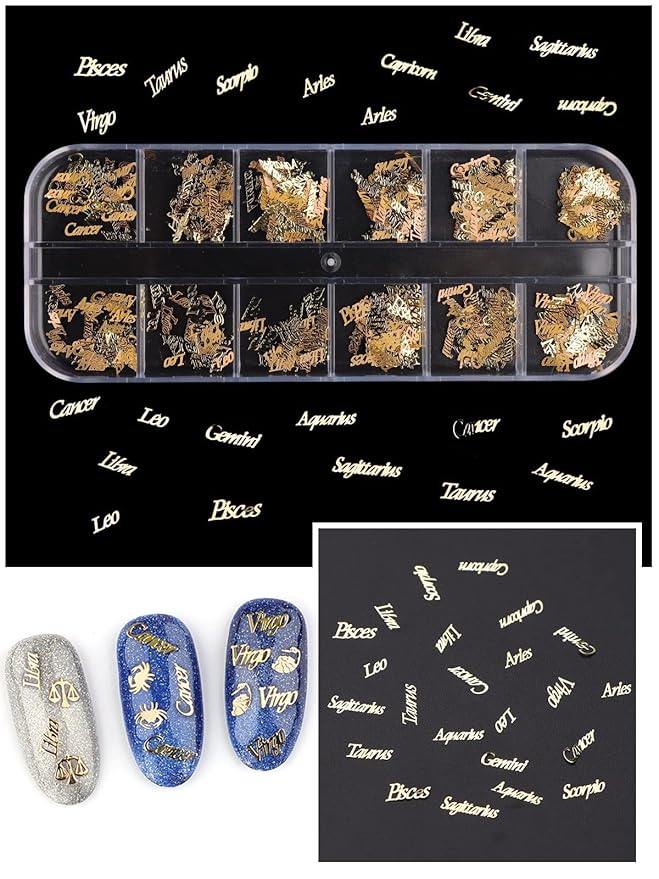 EBANKU 2 Boxes Zodiac Nail Charm, 3D Gold Twelve Constellation Charms for Nail Art, Alloy Nail Sequins Aquarius Nail Charms for Nail Art Decoration