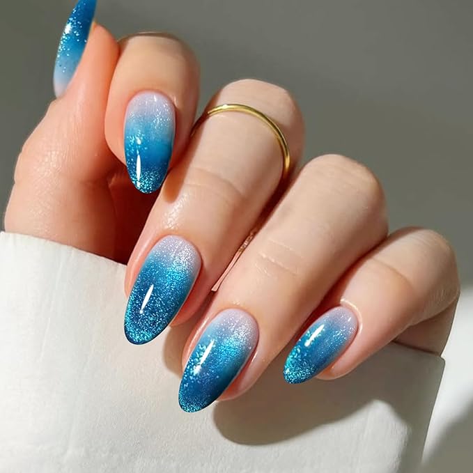 JMEOWIO Gel Nail Stickers Blue Gradient Cat Eye Semi Cured Gel Nail Strips Wraps UV/LED Nails Art Design Decoration Accessories