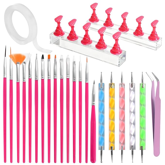 Nail Art Tools Kit with 15 Nail Art Brushes, 5 Dotting Tools, Nail Stand for Press-on, Nail Design Tools for Salon & DIY Home Manicure (Rose Red)