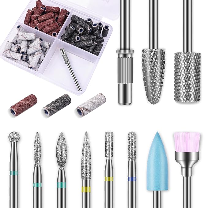 10pcs Carbide Nail Drill Bits Set: Professional Cuticle Bit for Efile Nail Drill with 75pcs Small Sanding Bands (#80#120#180) & Mandrel Bit Acrylic Gel Nail Remover Tool Manicure Pedicure Kit