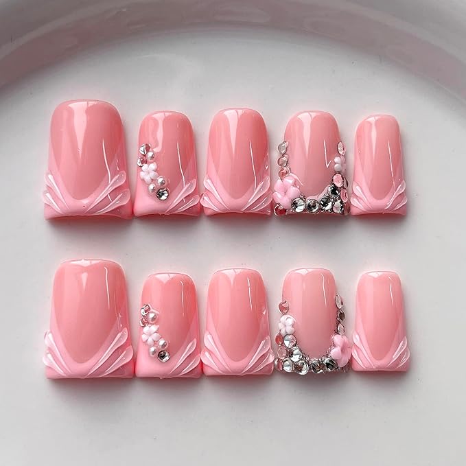 French Tip Press on Nails Handmade Short Duck 3D Floral Thick Acrylic Nails Cute False Nails with Rhinestones Flower Designs Pink Glossy Fake Nail Sturdy Art Press on Nail 10Pcs(M)