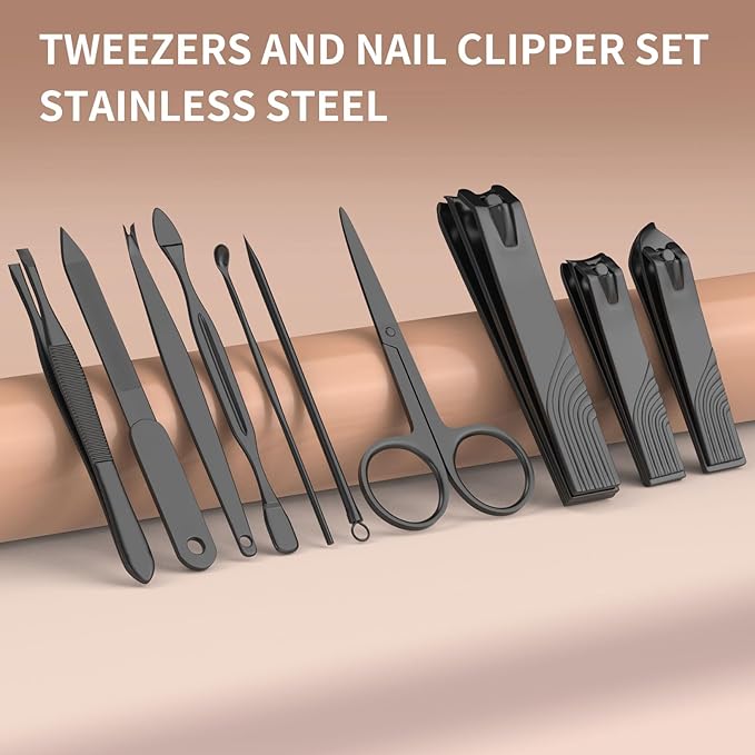 ZIZZON Travel Mini Manicure Set Nail Clipper Set 10 in 1 Stainless Steel Pedicure Care Grooming kit with Case (Black/Pink)