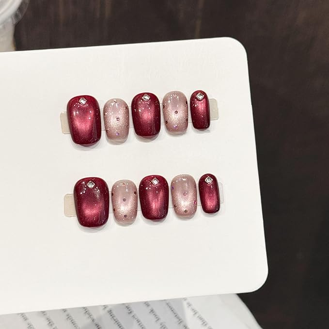 Short Square Press on Nails - Handmade Manicure Art Reusable False Nails 10pcs with Solid Nail Glue, Nail Adhesive Tabs, Strong Nail Glue (1192-Medium)