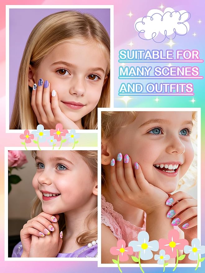 EBANKU 72Pcs Press on Nail Kid, Butterfly Flower Fake Nails for Kids Colorful Press on Nail Short Artificial False Nail Kits for Nail DIY