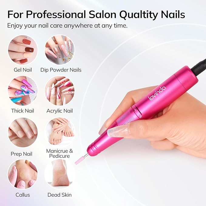 Lavinda Professional Nail Drill 35000 RPM, Cordless Rechargeable Electric Nail File for Acrylic Gel Nails, Efile Nail Drill Machine for Home and Salon Use (Viva Magenta)