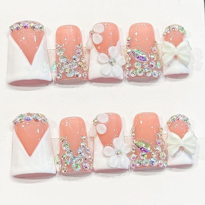 10Pcs Medium Handmade Press on Nails Duck Fake Nails French Diamond Bow Design False Nail White Full Cover Glue on Nail for Women