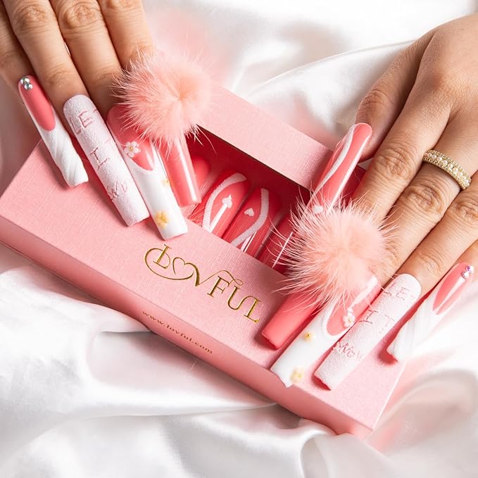 LOVFUL Press on Nails Pom Pom Love | Handmade with Full Covered Crystals | Reusable Fake Nails | Square | H93-L, pink