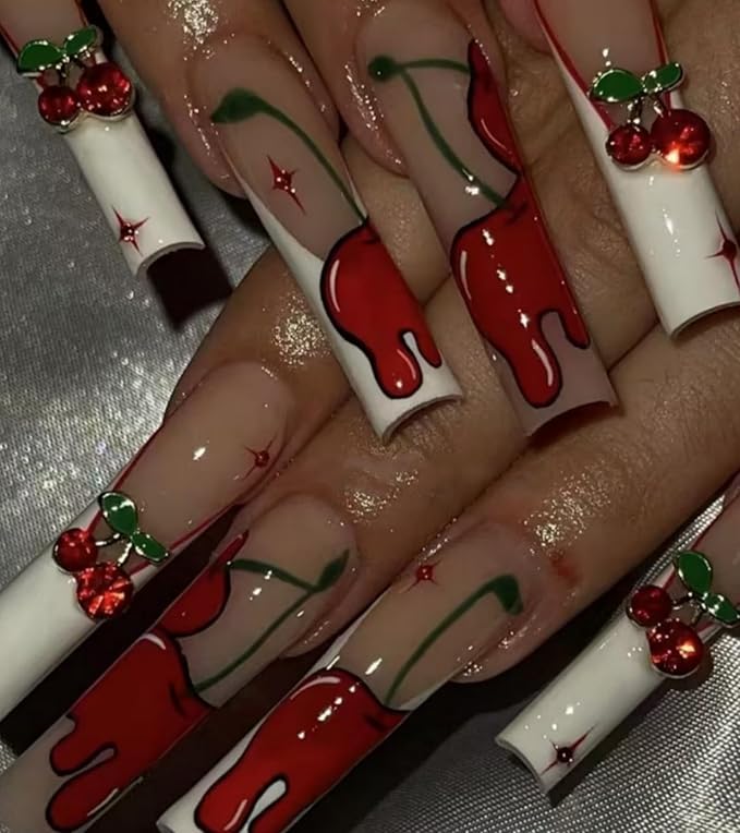 Press on Nails Square - Extra Long Fake Nails with 3D Cherry, White French Tips Red False Nail with Glue Sticker, Stick On Nails for Women, 12 Sizes - 24 Nail Kit, Vintage Orchard
