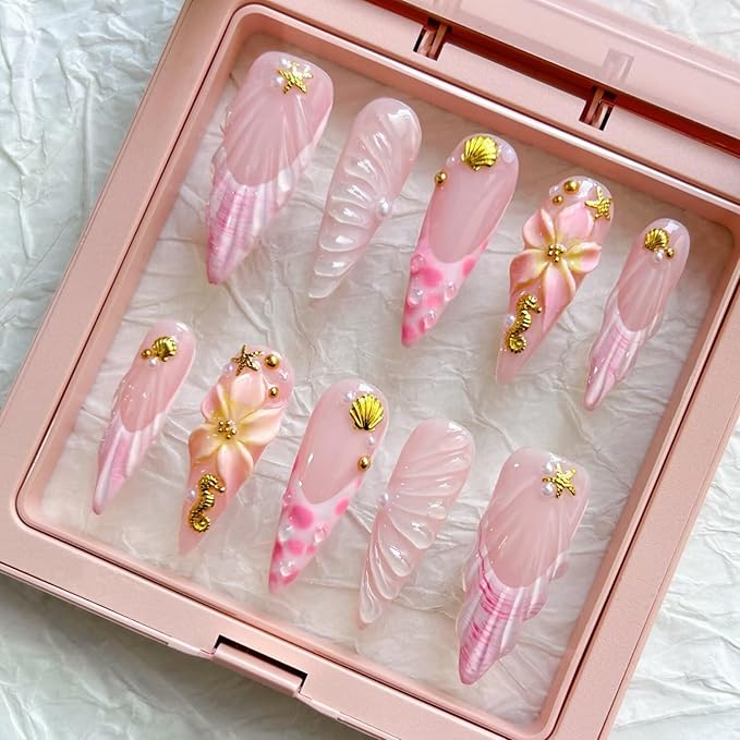 10Pcs Press On Nails - MAGLFELL Handmade Stiletto Pink Fake Nails, 3D Pink Carved Flower, and Gold Plated Accessories Design, Reusable Artificial False Nails for Women Acrylic Nails Kit (Size L)