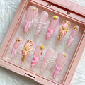 10Pcs Press On Nails - MAGLFELL Handmade Stiletto Pink Fake Nails, 3D Pink Carved Flower, and Gold Plated Accessories Design, Reusable Artificial False Nails for Women Acrylic Nails Kit (Size L)