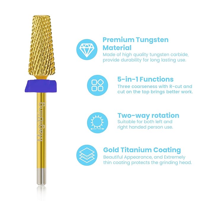 6.6mm Large Tapered Barrel 5-in-1 Nail Drill Bit, 3/32" Cross Cut Safety Tungsten Carbide Efile Bit for Fast Gel & Acrylic Removal, Two-Way Rotation, Nail Tech & Beginner Bit, Titanium, Medium