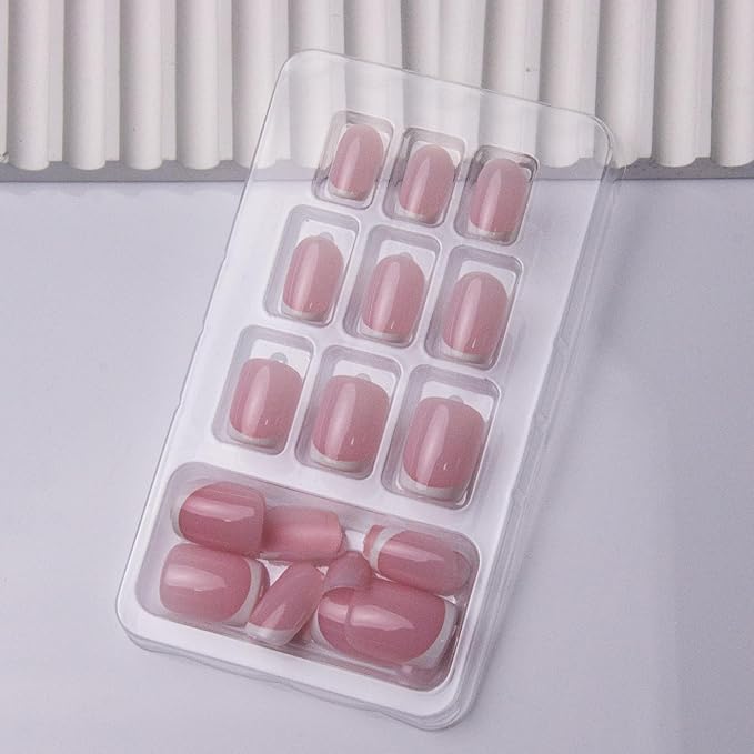 Press on Nails French Tip Fake Nails Short Square False Nails Press ons Cute Glossy Acrylic Nails Full Cover Nude Nature Glue on Nail for Women Nail Decoration 24Pcs