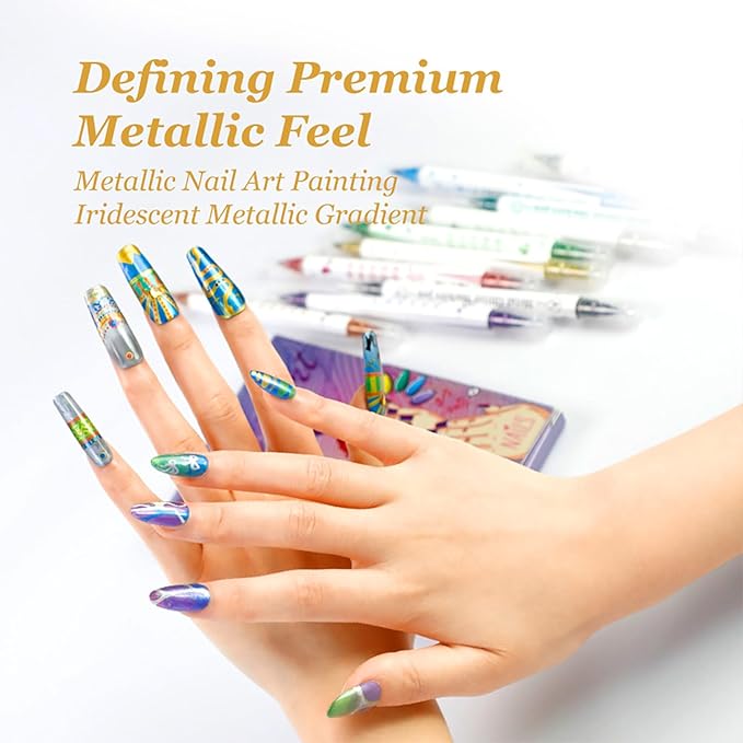 Metallic Nail Art Pens Set, 10 Colors Double-Ended Nail Marker Pens for Nail Design, Water-Based Quick Dry Paint Pens for DIY Manicure, Dotting Line Painting for Home & Salon
