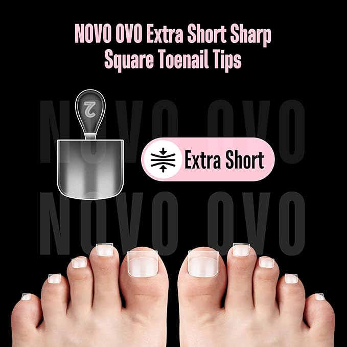 NOVO OVO Extra Short XS XXS Toe Nail Tips Sharp Square Press on Full cover, Soft Gel False Toenail Extension Kit, Pre-etched Clear Matte Fake Nails for Salon DIY Acrylic Pedicure x 16 Sizes 224 Pcs