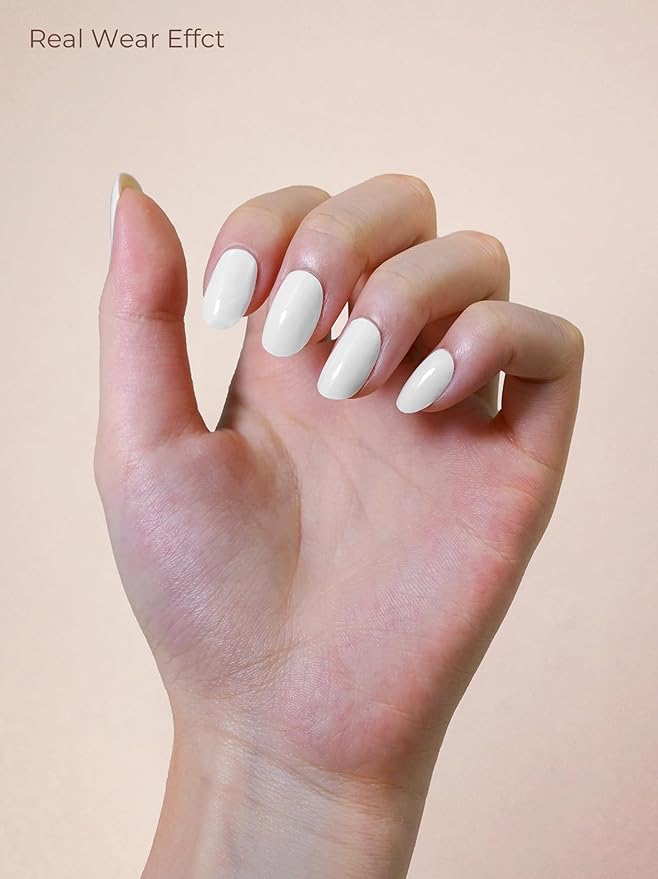 Real Gel Nail Strips (No UV Light Needed) - 44Pcs Salon Quality Nail Stickers - Long Lasting Polish Wraps for Women, Easy Apply & Remove (White)