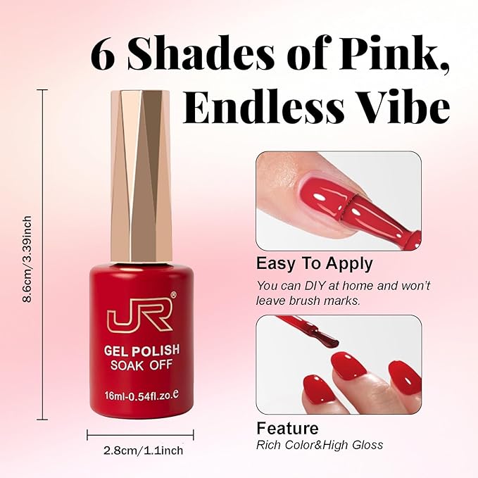 JR Pink Gel Nail Polish Set, 16ml Full Size Bottle 6 Colors Pink 9D Cateye Glitter Nail Gel Polish Gift Soak Off Led Nail Art Kit Salon DIY Colorful Bottle E