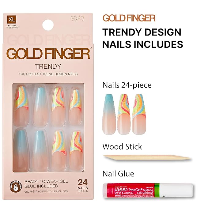 Goldfinger Trendy False Nails Kit, X-Long Coffin Design Nail, Fantasy French Tip Sky Blue Print, Ready to Wear Gel & Manicure Stick Included, Long-Lasting Convenient & Easy to Apply