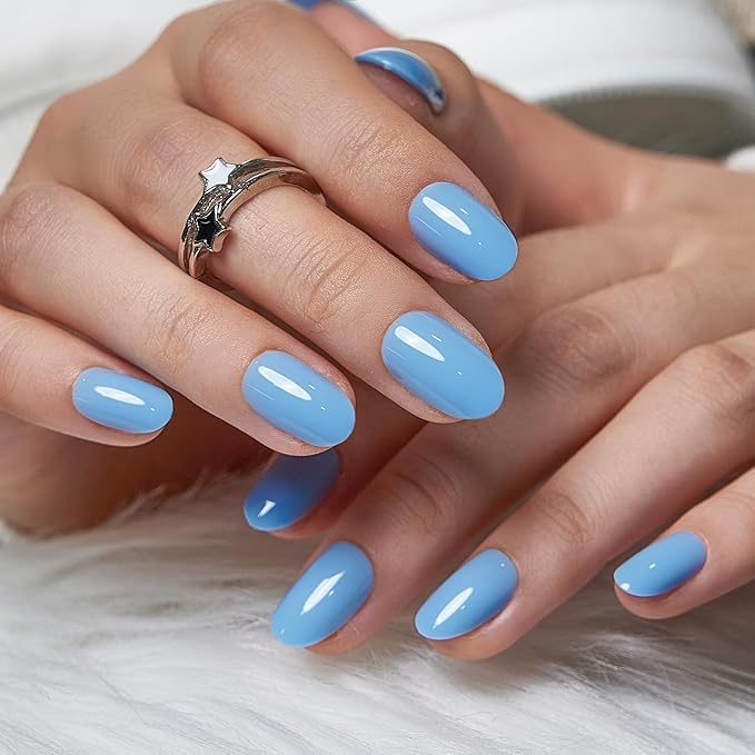 CurvLife Press On Nails Short – 30Pcs Soft Gel Oval Fake Nails, Reusable Glue On Nail Kit with Adhesive Tabs, Natural Fit & Salon-Quality for Women & Girls (Blue Whisper)