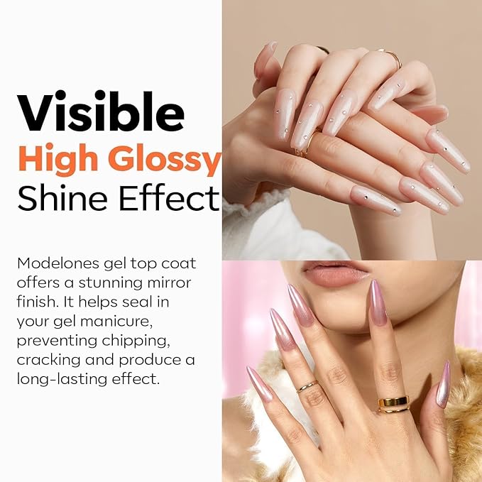 modelones No Wipe Gel Top Coat and Base Coat Set, 2 Pcs Clear Glossy Hema Free Base Top Coat Gel Nail Polish Long Lasting for Spring Nail Polish, Acrylic Nails Soak Off Nail Lamp Nail Art Home Salon