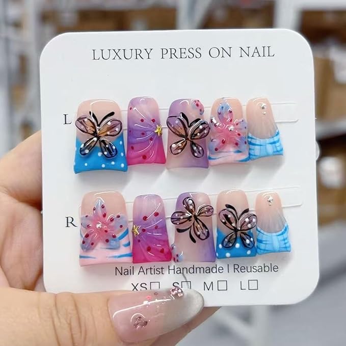 10 Pcs Handmade Press on Nails Duck Medium Fake Nails with Butterfly Flower Shaped Design Acrylic False Nails with Glue,Full Cover Gradient Glossy Glue on Nail for Women（M)