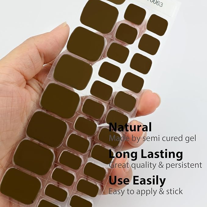 32 Pcs Semi Cured Gel Toe Nail Strips Dark Brown Gel Nail Stickers Full Cover Nails Wraps Self Adhesive Toe Nails Polish Strips Stickers for Women UV/LED Light Required