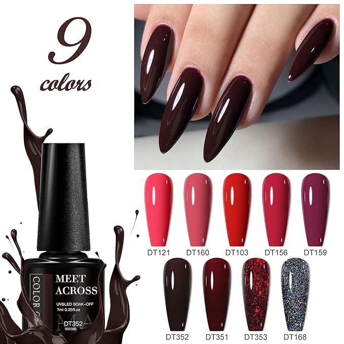 MEET ACROSS 9 Colors Gel Nail Polish + 3PCS Function Gel Nail Polish Kit,Fashion Nail Art Set Design Gifts for Women Manicure Salon (SET1, 12pcs)