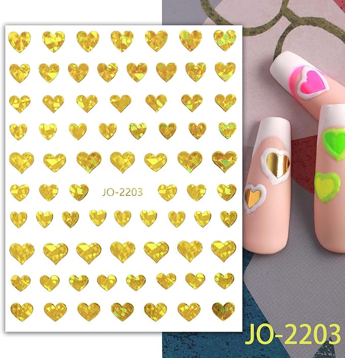 12 Colors Love Heart Nail Art Stickers, 3D Love Self-Adhesive Sticker Design, Laser Gold Silver Red Black White Pink Yellow Green Pink Blue Heart Nail Transfer Decals for Women Manicure Decorations