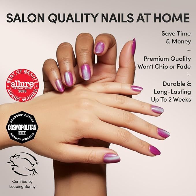 Glamnetic Press On Nails - Berry Fizz | Short Oval, Magenta Nails with a Mesmerizing Metallic Finish | 15 Sizes - 30 Nail Kit with Glue