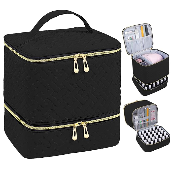 Nail Polish Organizer, Nail Polish Storage Holds 30 Bottles & Nail Lamp, Double Layer Nail Bag Organizer Case, Portable Nail Polish Holder for Nail Tech Travel & Manicure Kit