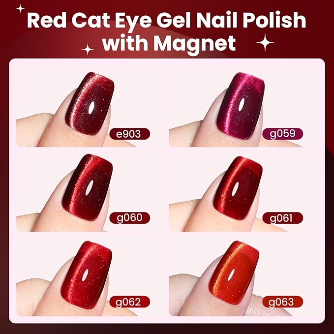 Beetles Red Cat Eye Gel Nail Polish Set - Sultry Burgundy Cat Eye Gel Polish, 6 Colors Christmas Gel Polish Kit Burgundy Dark Red Glitter Red Magnetic Soak Off UV Nail Art Manicure Gift for Women