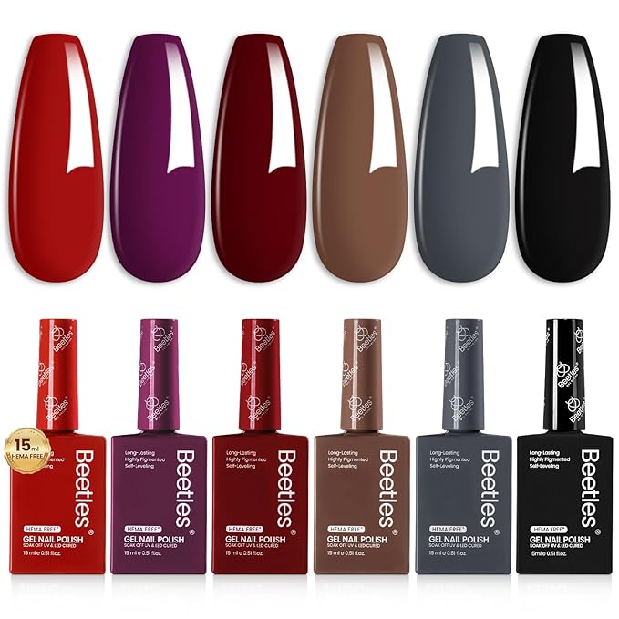 Beetles HEMA-Free Gel Polish Set – 6 PCS 15ml Burgundy Dark Red Brown Black Gray Colors Gel Nail Kit UV Nail Polish Color DIY Midnight Elegance Manicure Home Salon Valentines Gifts for Women