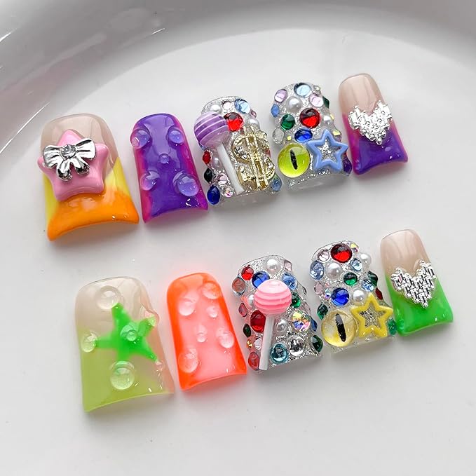French Tip Press on Nails Handmade Short Duck 3D Thick Acrylic Nails Y2k False Nails with Bow Stars Rhinestones Lollipop Designs Cute Glossy Fake Nail Sturdy Art Press on Nail 10Pcs(S)