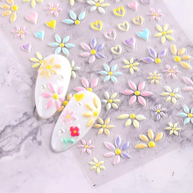 TailaiMei Flower Nail Art Stickers, 5D Embossed Colorful Spring Daisy Nail Decals, Self-Adhesive Design for DIY Decoration (3 Sheets)