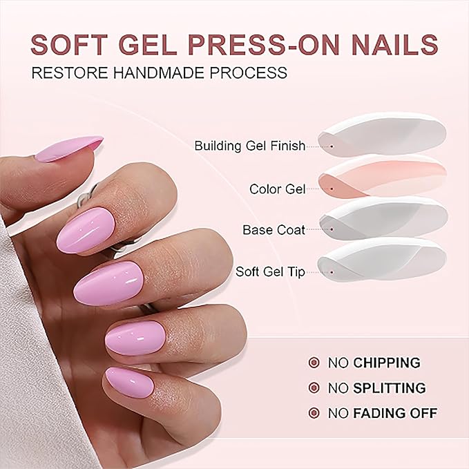 RTKHFZE Pink Press on Nails Short-RTKHFE Press On Nails Short Almond Nails Soft Gel Fake Nail with Nail Glue, Reusable Glue On Nails in 16 Sizes - 32 Pcs False Nails Fit Perfectly Kit for Gift Idea
