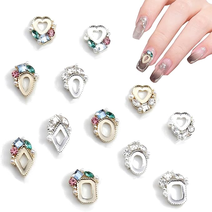 12 PCS Heart Diamond Frame Nail Charms - Sparkling Metal Nail Decorations for Korean Nail Art Designs