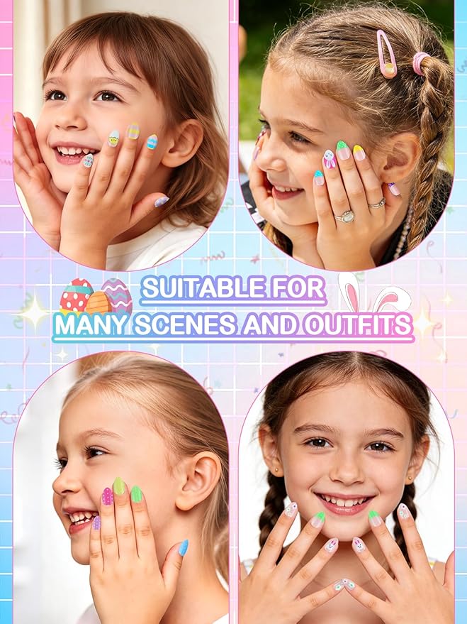 EBANKU Easter 144 Pcs Press on Nail Kids Gift Box, 6 Pack Rabbit Kid Flase Nails Kit with Nail Glue Set Fake Nail for Girls 5-10 Years Gift Set