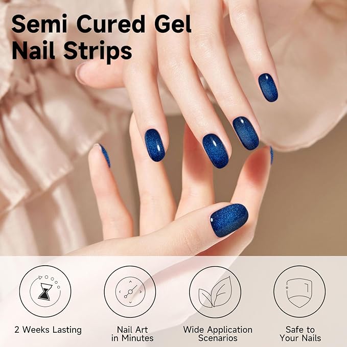 Semi Cured Gel Nail Strips, 28 pcs Gel Nail Stickers Work with Any UV Lights, Long-Lasting Nail Wraps, Stick on Nails for women Easy to Apply & Remove