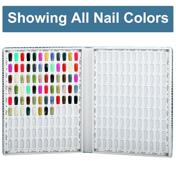 216 Nail Display Book with 240 Nail Tips & 300 Number Labels, Professional Gel Polish Nails Art Design Swatches Book (Silver)