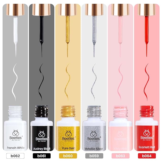 Beetles Gel Liner Nail Polish 6 Pcs White French Tip Liner Pink Black Red Glitters Gold Silver Painted Swirl Gel Polish Set Built in Thin Brush Soak off Uv Led Lamp Nail Art Gifts for Women