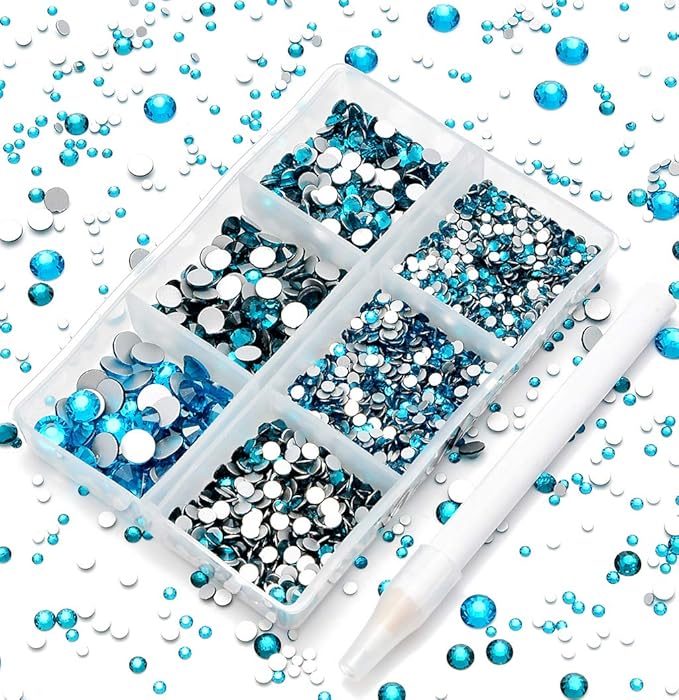 AD Beads 4300 Pieces Flat Back Nail Art Rhinestones Round Beads 6 Sizes (2-6.5mm) with Storage Organizer Box,Rhinestones Picking Pen for Nail Art Phone Decorations Crafts DIY (Blue Zircon)