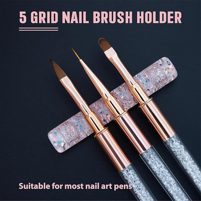 Acrylic Nail Art Brush Holder Stand - 5 Grids Crystal Clear Nail Brush Organizer, Perfect for Manicure and DIY Nail Art Pens, Brushes, and Tools (Pink+Gitter)