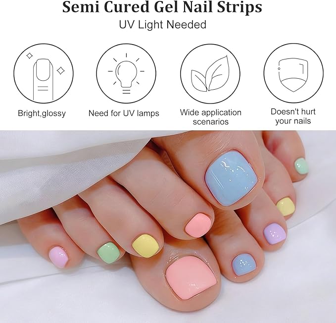 32 Pcs Semi Cured Gel Toe Nail Strips Colorful Pink Blue Gel Nail Stickers Full Cover Nails Wraps Self Adhesive Toe Nails Polish Strips Stickers for Women UV/LED Light Required