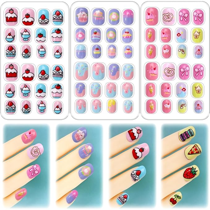 96Pcs 4 Packs Cute Short Press on Nails for Girls 4 Styles 12 Sizes Press on Nails for Kids Press ons with Dessert Bow Fruit Food Designs Full Cover Acrylic Nails for Little Girl Gift DIY Manicure