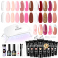 ROSALIND 12PCS Pink Brown Christmas Poly Nail Gel Kit with Mini Nail Lamp White Glitter Pink Poly Extension Gel Set 0.34oz/10ml with Slip Solution Basic Tools for Beginners with Everything