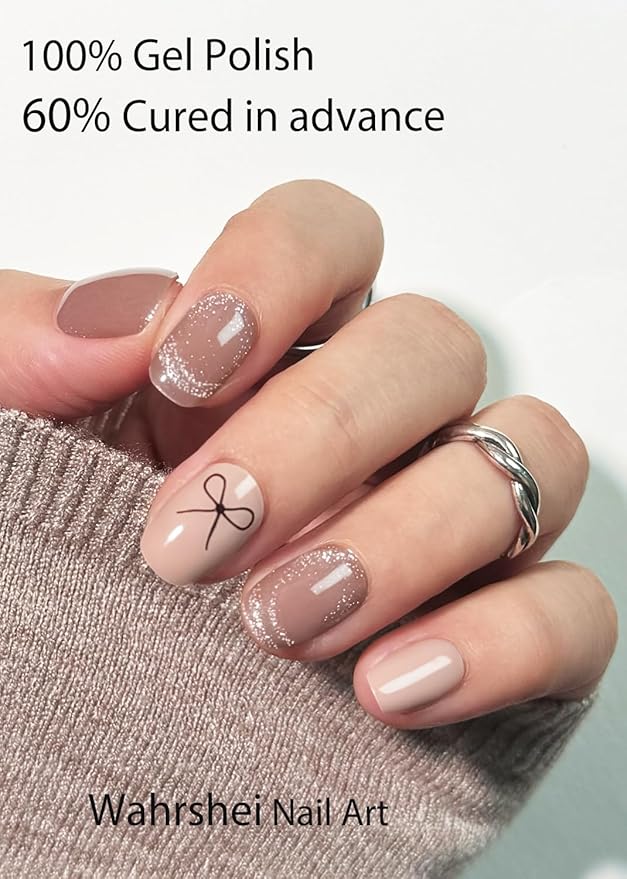 Valentine Semi Cured Gel Nail Strips, Nude Glitter, Cat Eye 20pcs Adhesive UV Sticker, Wraps for Home Manicure DIY