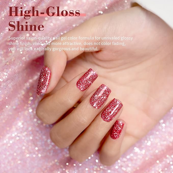 RARJSM Reflective Glitter Gel Polish Red,Glitter Gel Nail Polish Red 7.5ml Holographic Rainbow Iridescent Shimmer L E D U V Soak Off Sparkle Diamond Gelpolish Nail Art Manicure Salon DIY at Home 1pcs